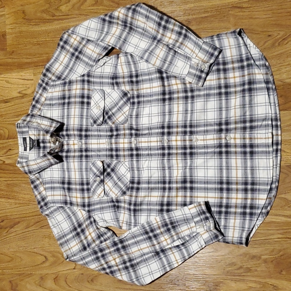Eddie Bauer Flannel Shirt Womens Size M Classic Fit Flap Pocket Gray Tan White